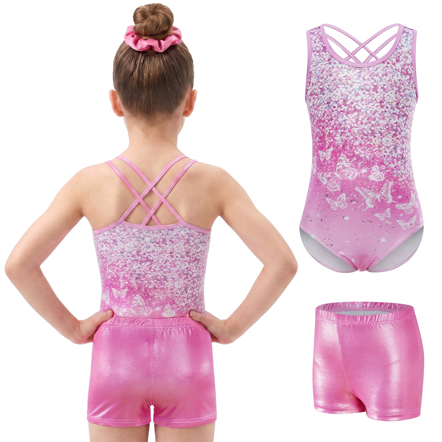 Aideaone Gymnastics Leotards for Girls Shiny outfits with Shorts Hair Scrunchie 5-10Y