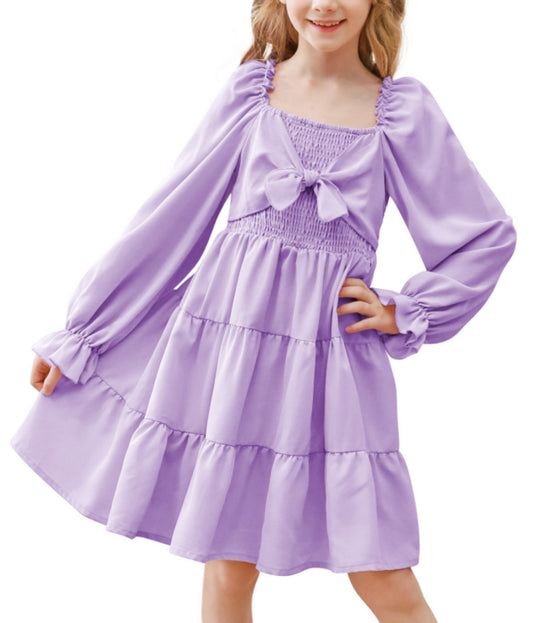 Aideaone Girls Long Sleeve Dresses Bow Tie Off Shoulder Tiered Twirling Casual Fall Dress Pink 5-12 Years