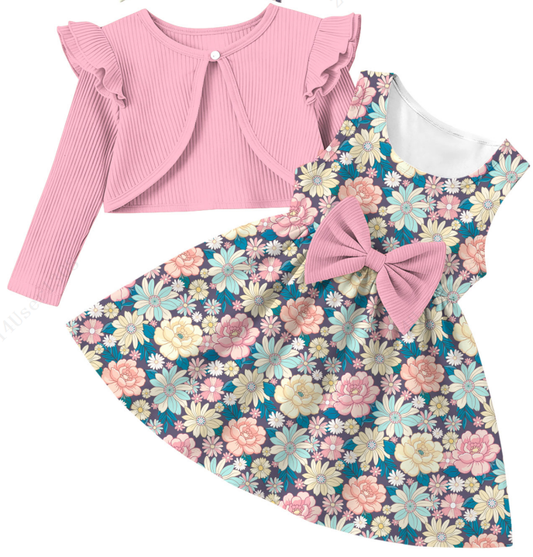 Aideaone Toddler Girls Sleeveless Floral Dress with Ruffle Long Sleeve Cardigan 2‑Piece Set for 2‑6T Little Girls