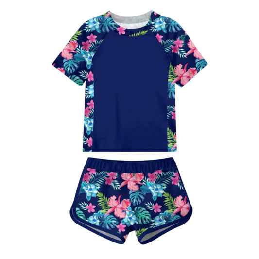 Aideaone Girls Short Sleeve Swimsuit 2-Piece Tankini Rash Guard Bathing Suit Sets Beach Swimwear 8-14T