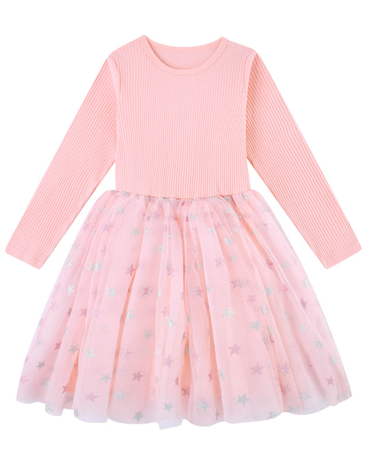 Aideaone Girls Dresses Long Sleeve Tutu Dress Fluffy Tulle Fall Winter Dresses Pink 4-8 Years