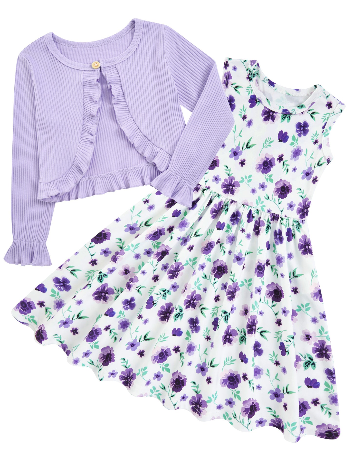 Aideaone Toddler Girl Sleeveless Dresses and Long Sleeve Ruffle Cardigan 2 Piece Fall Outfits for 2-7T