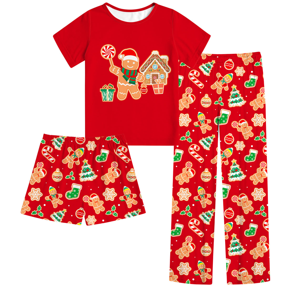 Aideaone Girls Pajamas Sets 3 Piece Short Sleeve Shirt Top Pants Shorts with Pockets Sleepwear 7-14 Years