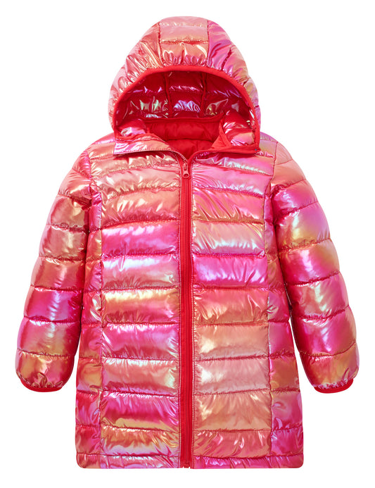 Aideaone Girls Winter Coat Hooded Metallic Mid Length Puffer Jacket Water Repellent 4-12 Years