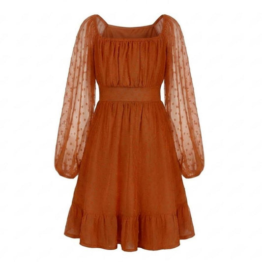 Aideaone Girls Long Sleeve Chiffon Dresses Square Neck Swiss Dot A-Line Ruffle Hem Casual fall winter Dress 7-14 Years