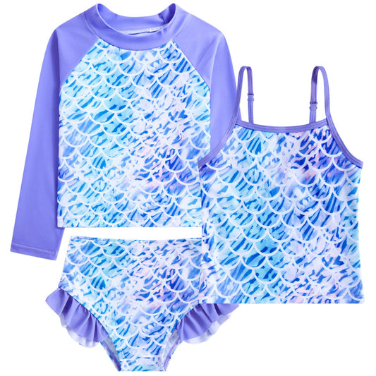Girls 3-Piece Swimsuit Kids Bathing Suits Tankini Set Long Sleeve Rash Guard Swimwear for Girls 3-10Y