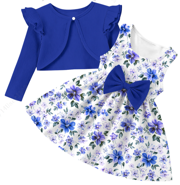 Aideaone Toddler Girls Sleeveless Floral Dress with Ruffle Long Sleeve Cardigan 2‑Piece Set for 2‑6T Little Girls