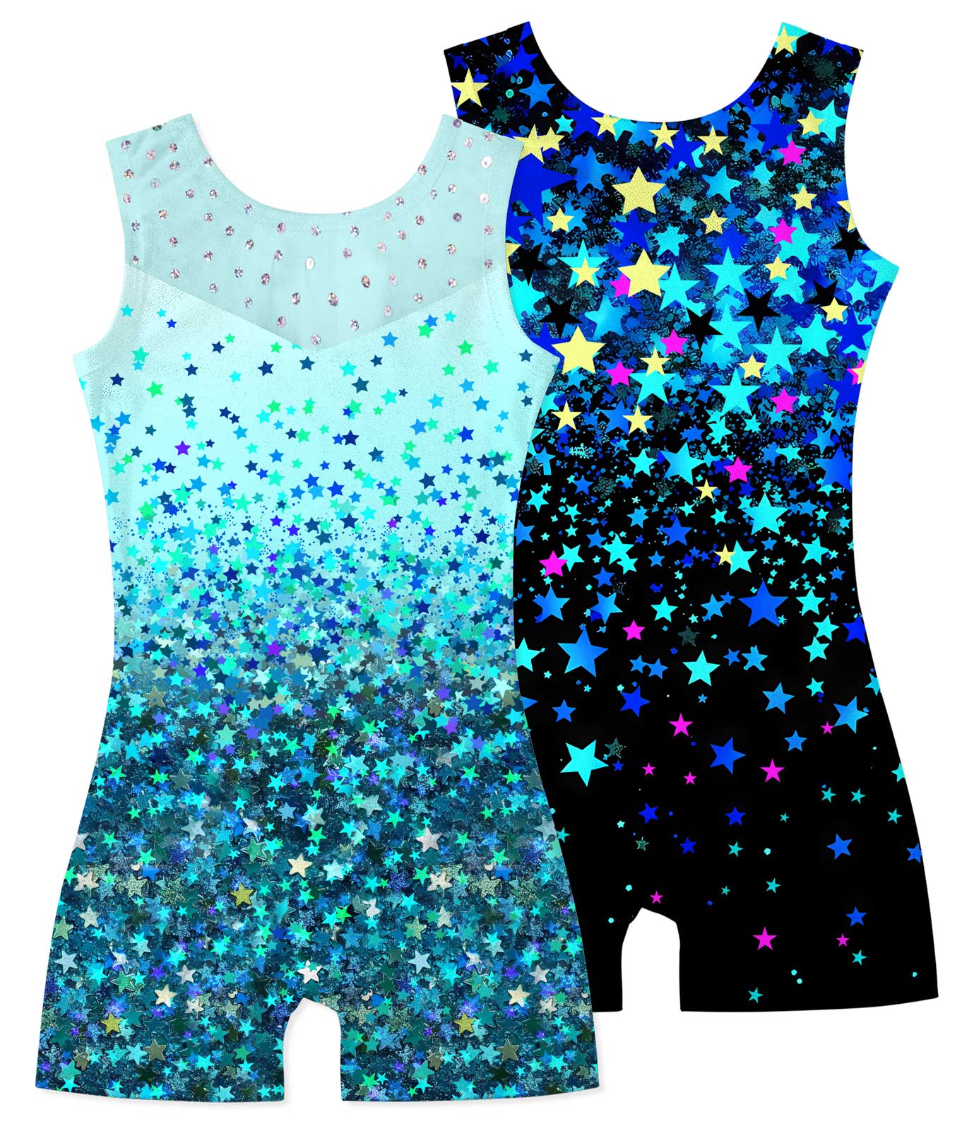Aideaone Girls Gymnastics Leotards 2 Pack Sleeveless Rhinestone Biketards Sparkle Printed Dance Unitard Ballet Training Bodysuit for Little Girls 4-10Y