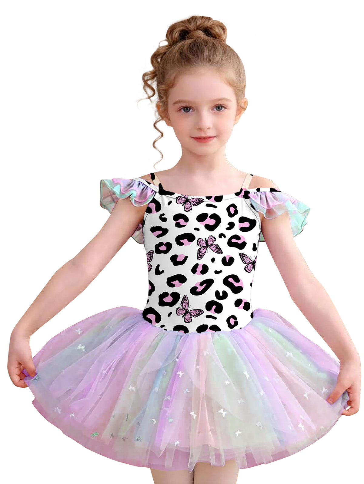 Aideaone Toddler Girls Ballet Tutu Dress Off Shoulder Leotard 3-7Y Kids Dance Costume Rainbow Tulle Skirt