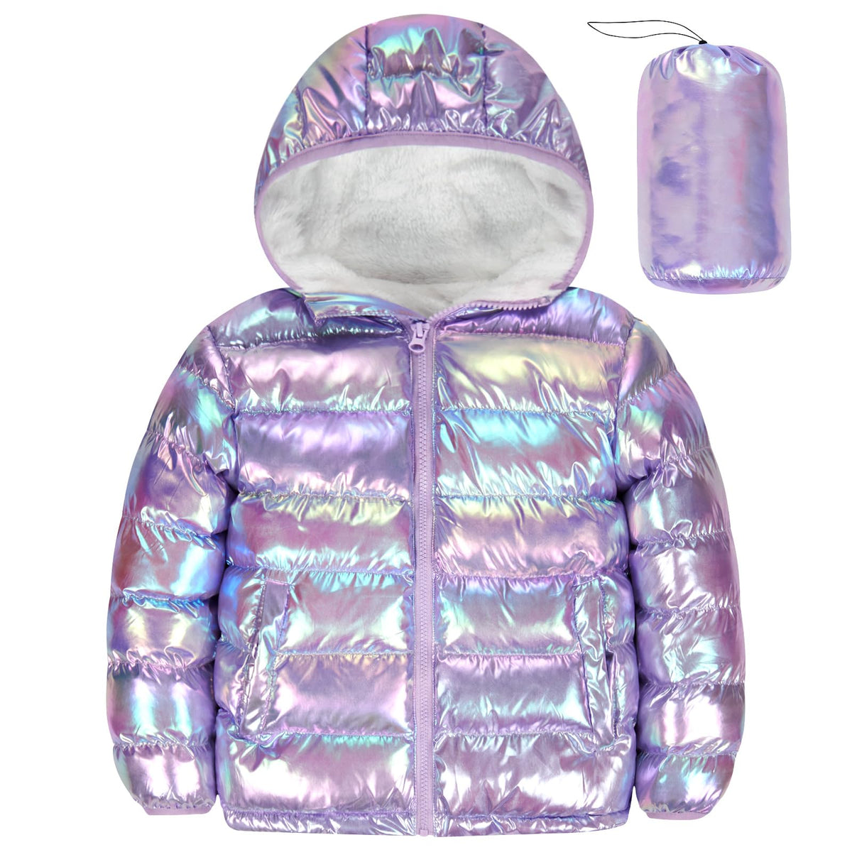 Aideaone Girls Puffer Jacket Packable Hooded Warmth Padded Winter Coat Metallic Shine Outerwear 10-12Years