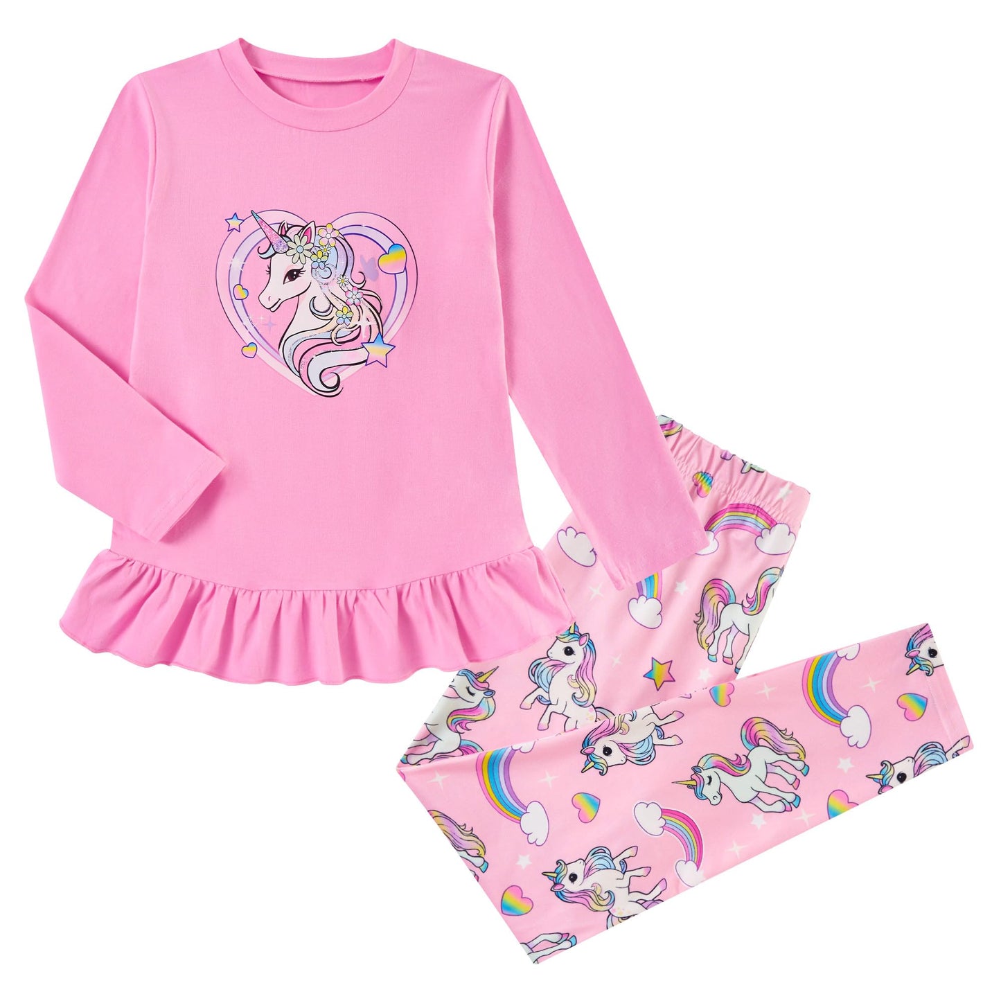 Aideaone Girls Outfit Fall 2 Pcs Clothes Sets Long Sleeve Ruffle Hem Shirt Floral Pants for Kids Size 3-7