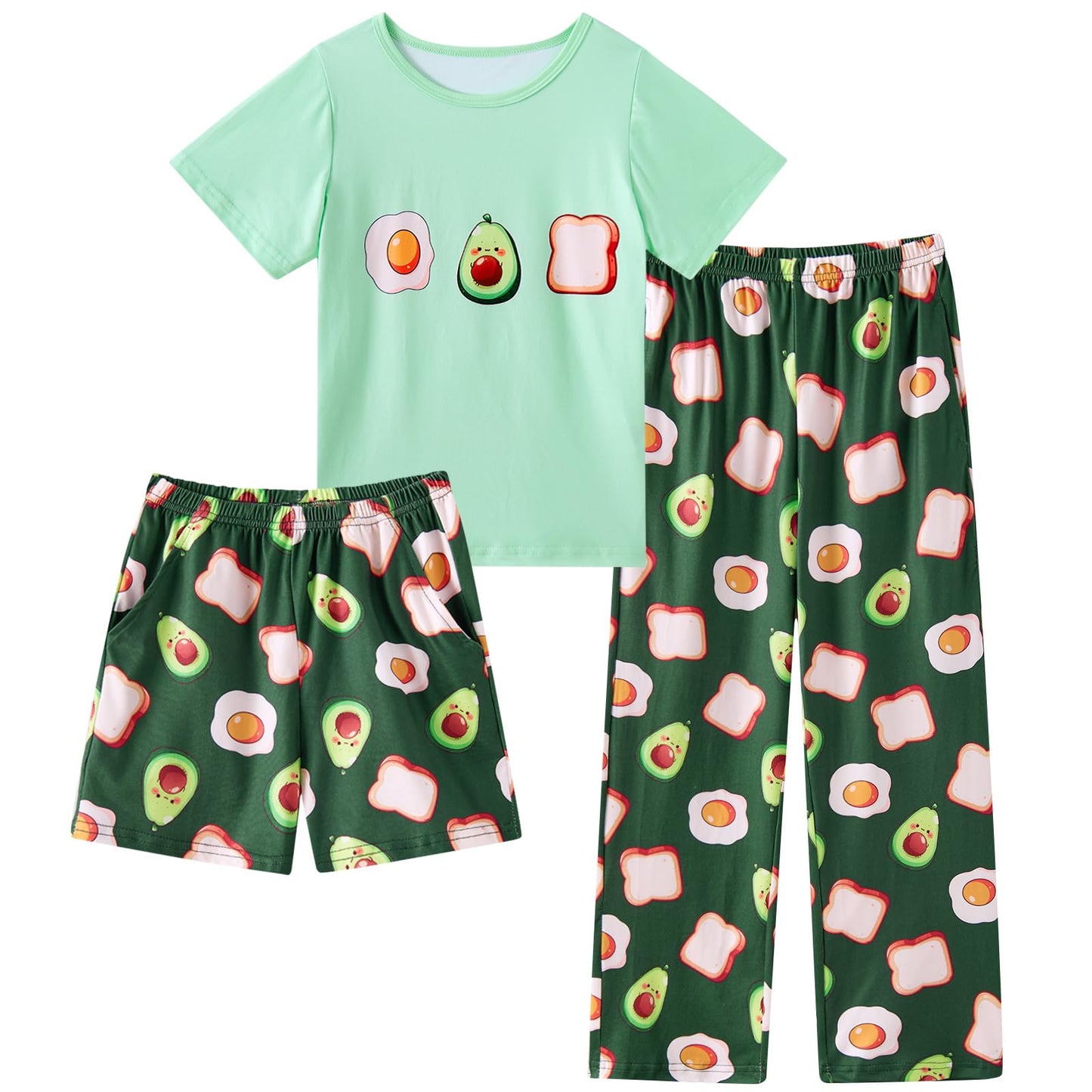 Aideaone Girls Pajamas Sets 3 Piece Short Sleeve Shirt Top Pants Shorts with Pockets Sleepwear 7-14 Years