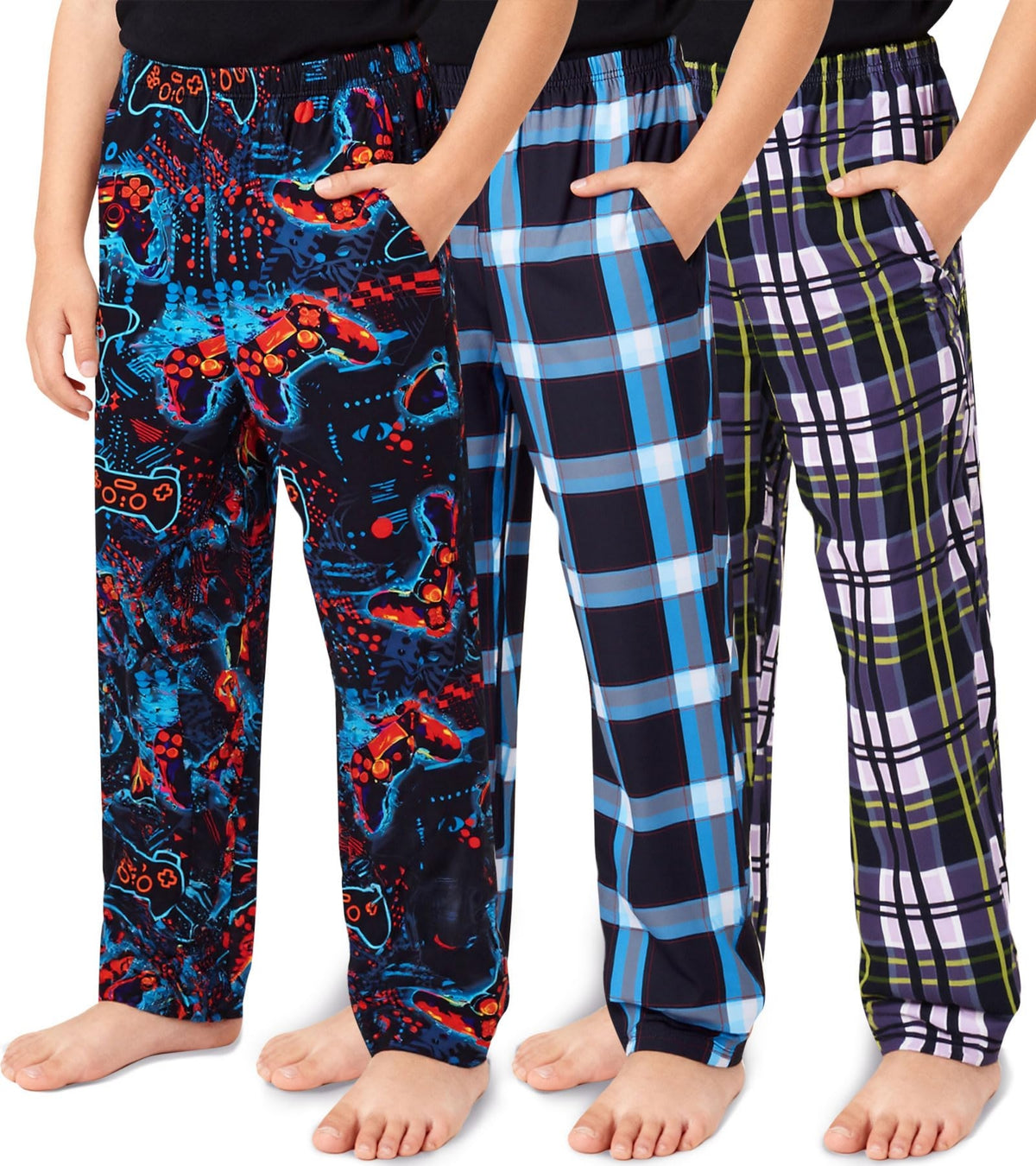 Aideaone 3-Pack Boys Pajama Pants Kids Soft Sleepwear Printed Plaid Pj Bottoms with Pockets for Boys (7-14)
