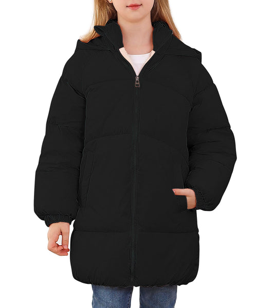 Aideaone Girls Winter Coats Hooded Puffer Jackets Medium Length Down-like Cotton Coats Snow Outwear 5-12Y