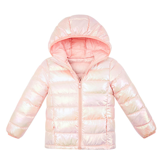 Aideaone Girls Puffer Jacket Packable Lightweight Down-Alternative Hooded Winter Coat Shiny Outerwear for Kids 10-12Years