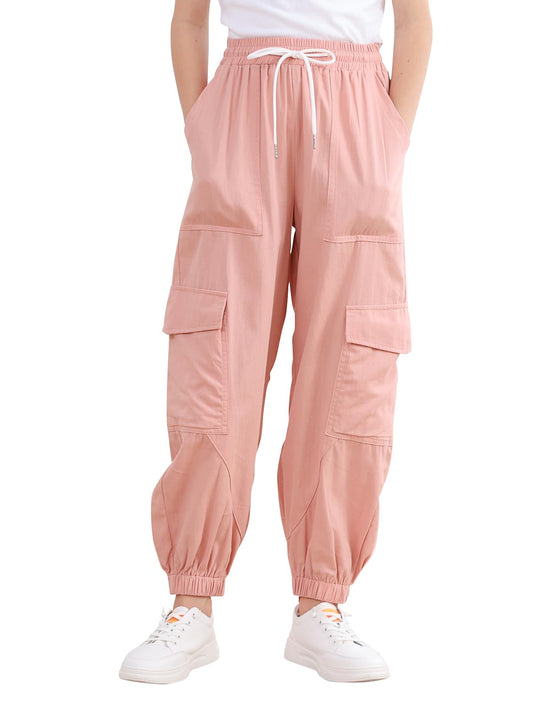 Aideaone Girls Cargo Pants for Kids Elastic Waist Casual Jogger Pant Streetwear Loose Parachute with Pockets Black 7-14Years