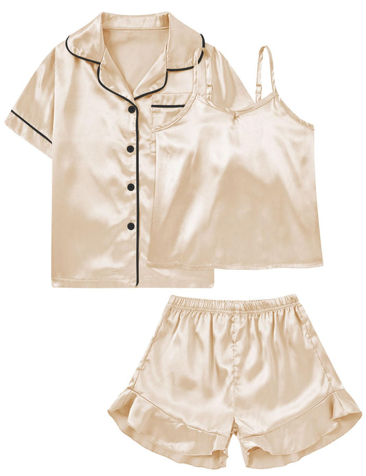 Aideaone Girls Silk Pajama Sets 3pcs Button Down Kids Satin Pjs set Short Sleeve Sleepwear 6-13 Years
