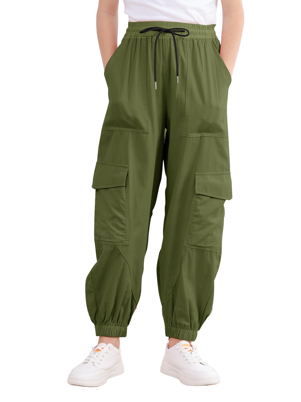 Aideaone Girls Cargo Pants for Kids Elastic Waist Casual Jogger Pant Streetwear Loose Parachute with Pockets Black 7-14Years