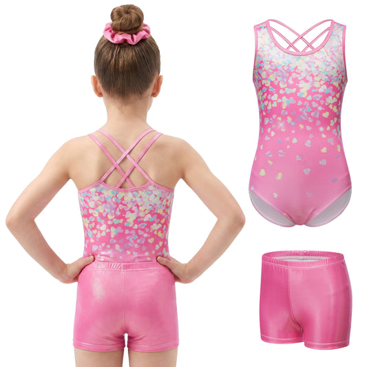 Aideaone Gymnastics Leotards for Girls Shiny outfits with Shorts Hair Scrunchie 5-10Y