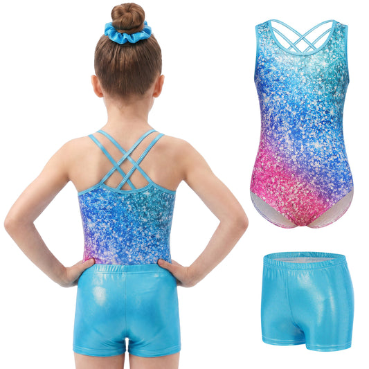 Aideaone Gymnastics Leotards for Girls Shiny outfits with Shorts Hair Scrunchie 5-10Y