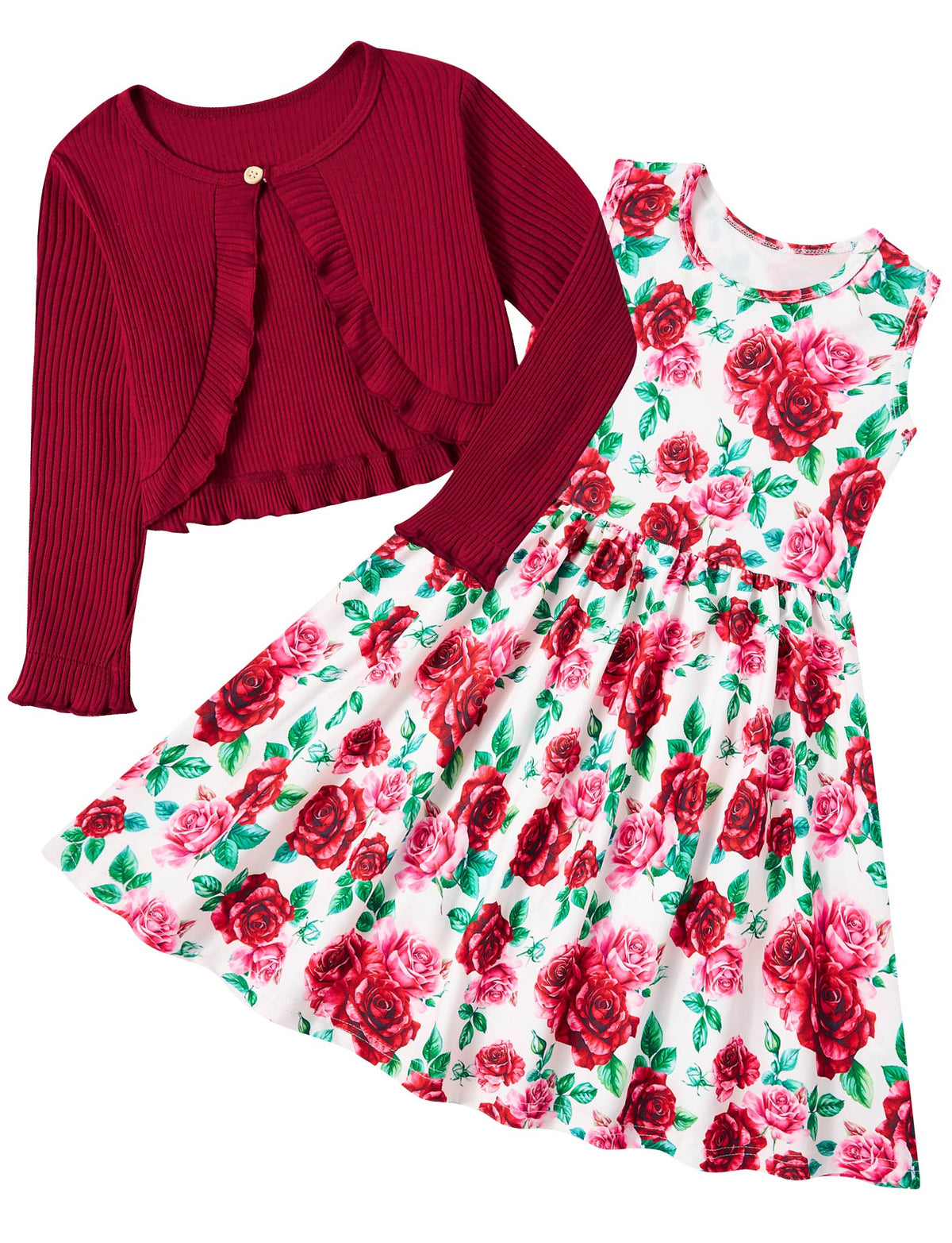 Aideaone Toddler Girl Sleeveless Dresses and Long Sleeve Ruffle Cardigan 2 Piece Fall Outfits for 2-7T