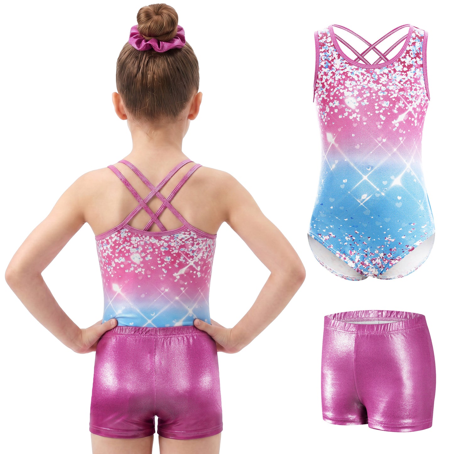 Aideaone Gymnastics Leotards for Girls Shiny outfits with Shorts Hair Scrunchie 5-10Y