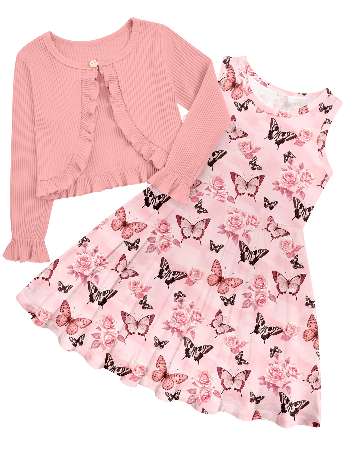 Aideaone Toddler Girl Sleeveless Dresses and Long Sleeve Ruffle Cardigan 2 Piece Fall Outfits for 2-7T