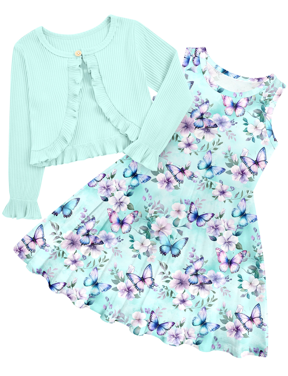Aideaone Toddler Girl Sleeveless Dresses and Long Sleeve Ruffle Cardigan 2 Piece Fall Outfits for 2-7T