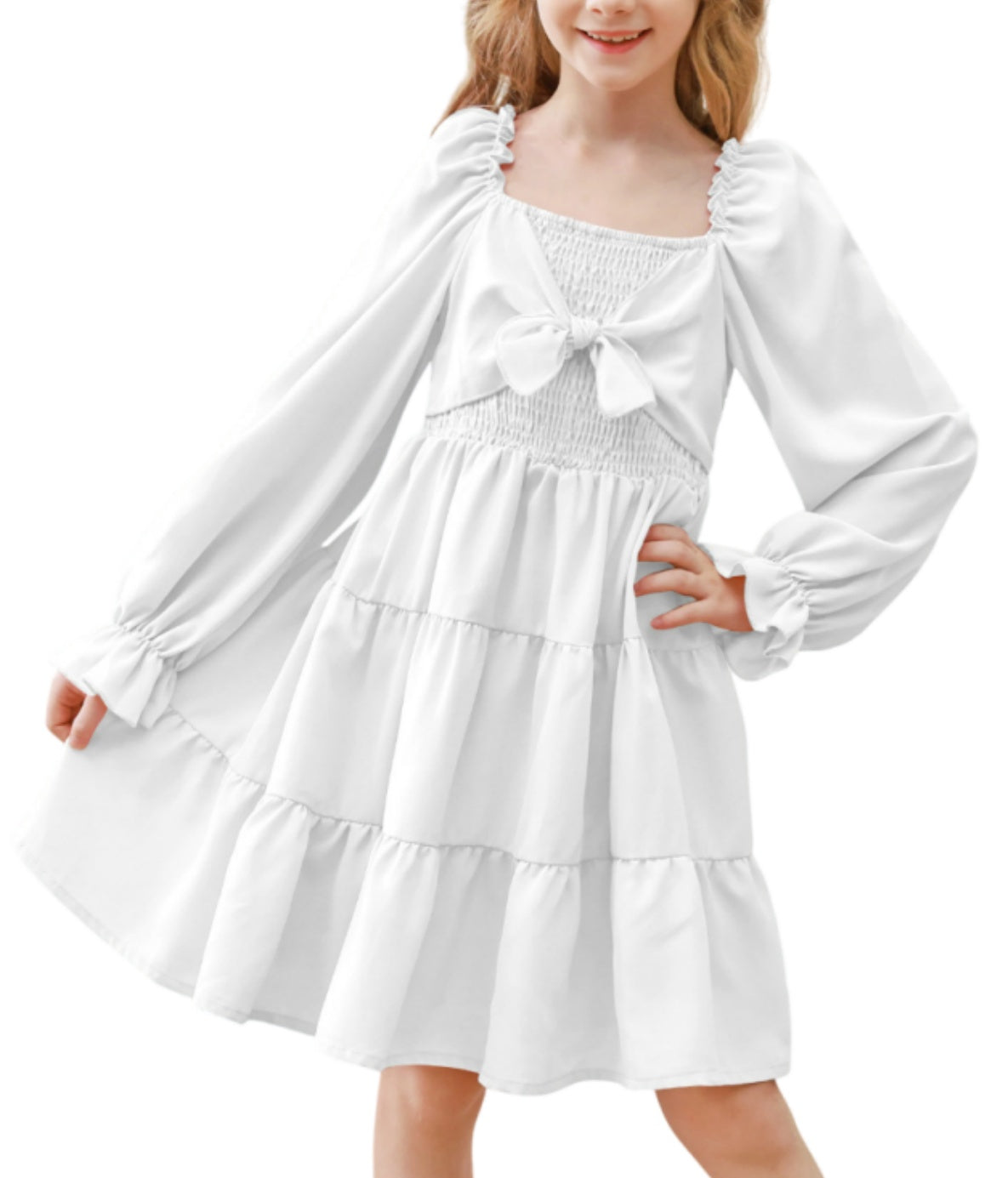 Aideaone Girls Long Sleeve Dresses Bow Tie Off Shoulder Tiered Twirling Casual Fall Dress Pink 5-12 Years
