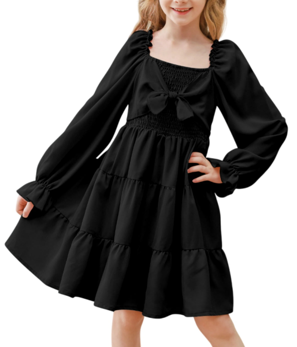 Aideaone Girls Long Sleeve Dresses Bow Tie Off Shoulder Tiered Twirling Casual Fall Dress Pink 5-12 Years
