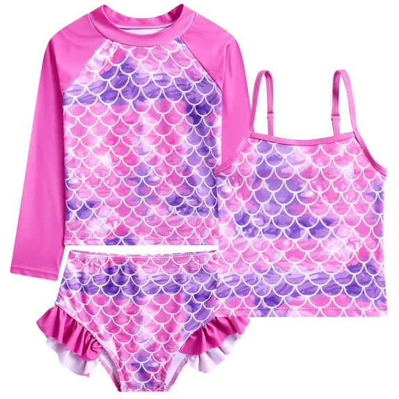 Girls 3-Piece Swimsuit Kids Bathing Suits Tankini Set Long Sleeve Rash Guard Swimwear for Girls 3-10Y