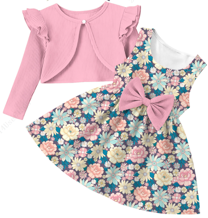 Aideaone Toddler Girls Sleeveless Floral Dress with Ruffle Long Sleeve Cardigan 2‑Piece Set for 2‑6T Little Girls