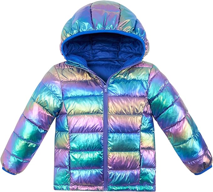 Aideaone Girls Puffer Jacket Packable Lightweight Down-Alternative Hooded Winter Coat Shiny Outerwear for Kids 10-12Years