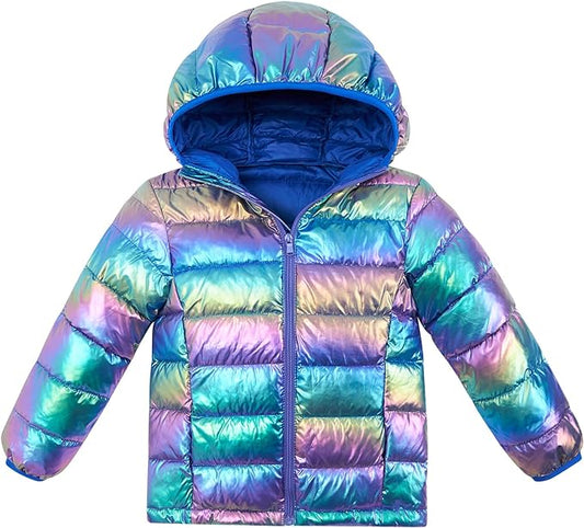 Aideaone Girls Puffer Jacket Packable Lightweight Down-Alternative Hooded Winter Coat Shiny Outerwear for Kids 10-12Years