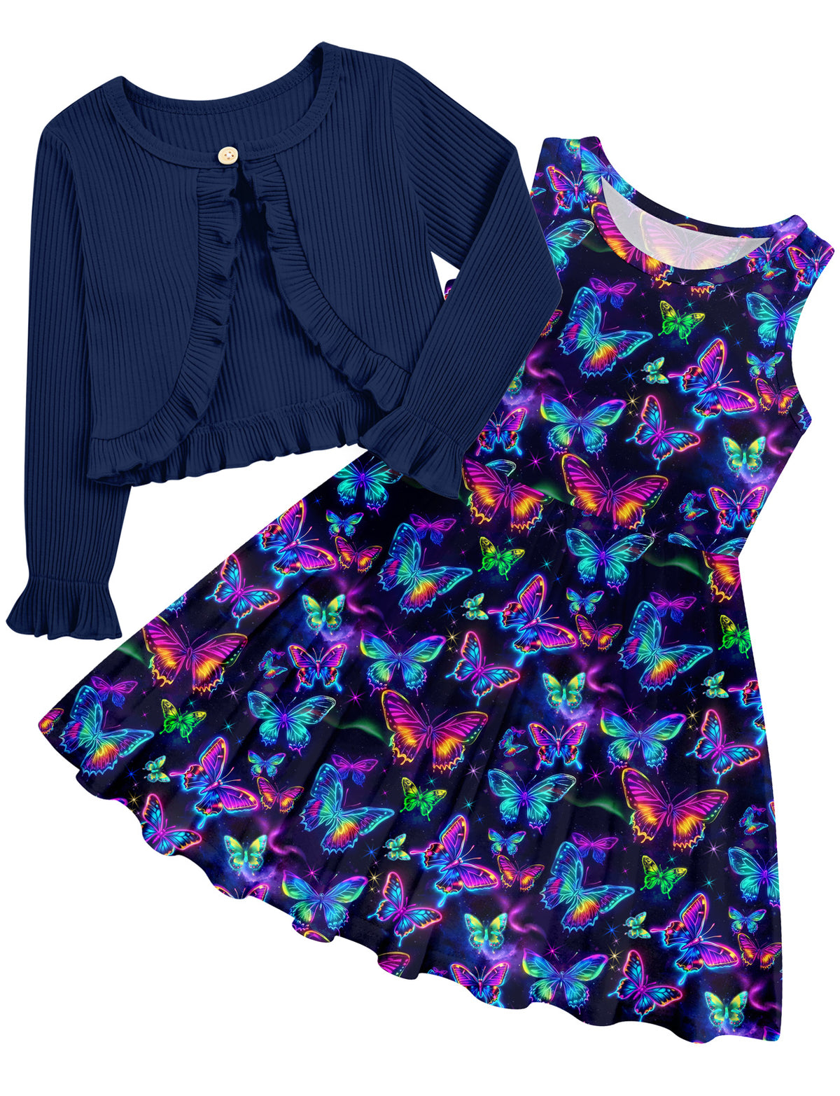 Aideaone Toddler Girl Sleeveless Dresses and Long Sleeve Ruffle Cardigan 2 Piece Fall Outfits for 2-7T
