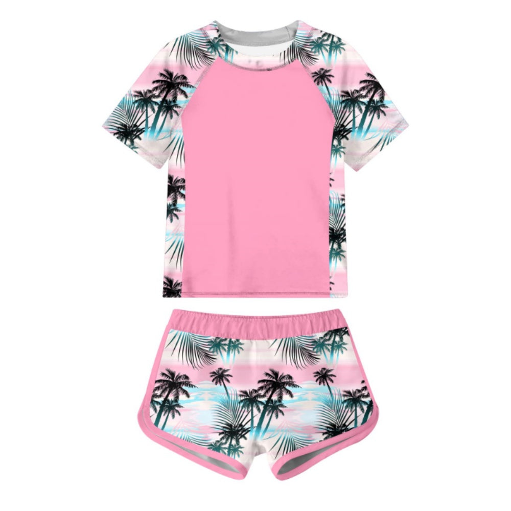 Aideaone Girls Short Sleeve Swimsuit 2-Piece Tankini Rash Guard Bathing Suit Sets Beach Swimwear 8-14T