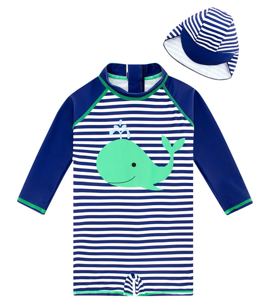 Baby Infant Boys Swimsuit One-Piece with Sun Hat Long Sleeve UPF 50+ Rash Guard Swimwear for Boys 3-24 Months