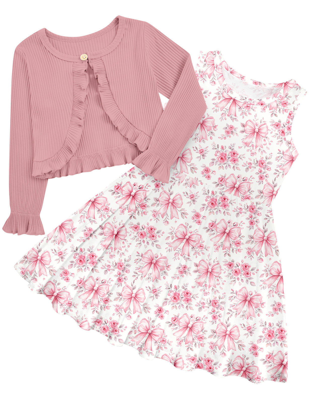 Aideaone Dresses for Girls 5‑12 Sleeveless Floral Butterfly Print with Ruffle Long Sleeve Cardigan 2 Piece Set