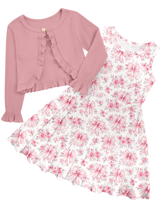 Aideaone Dresses for Girls 5‑12 Sleeveless Floral Butterfly Print with Ruffle Long Sleeve Cardigan 2 Piece Set