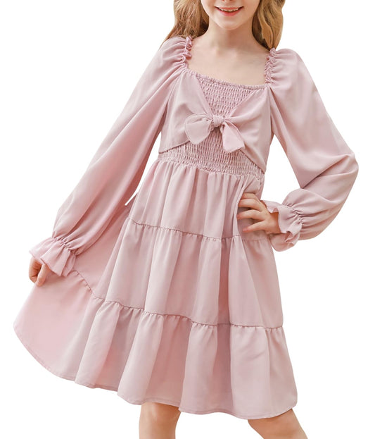 Aideaone Girls Long Sleeve Dresses Bow Tie Off Shoulder Tiered Twirling Casual Fall Dress Pink 5-12 Years