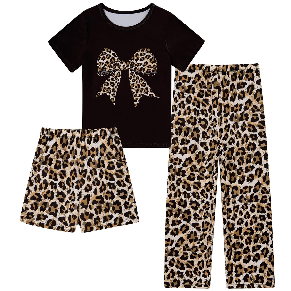 Aideaone Girls Pajamas Sets 3 Piece Short Sleeve Shirt Top Pants Shorts with Pockets Sleepwear 7-14 Years