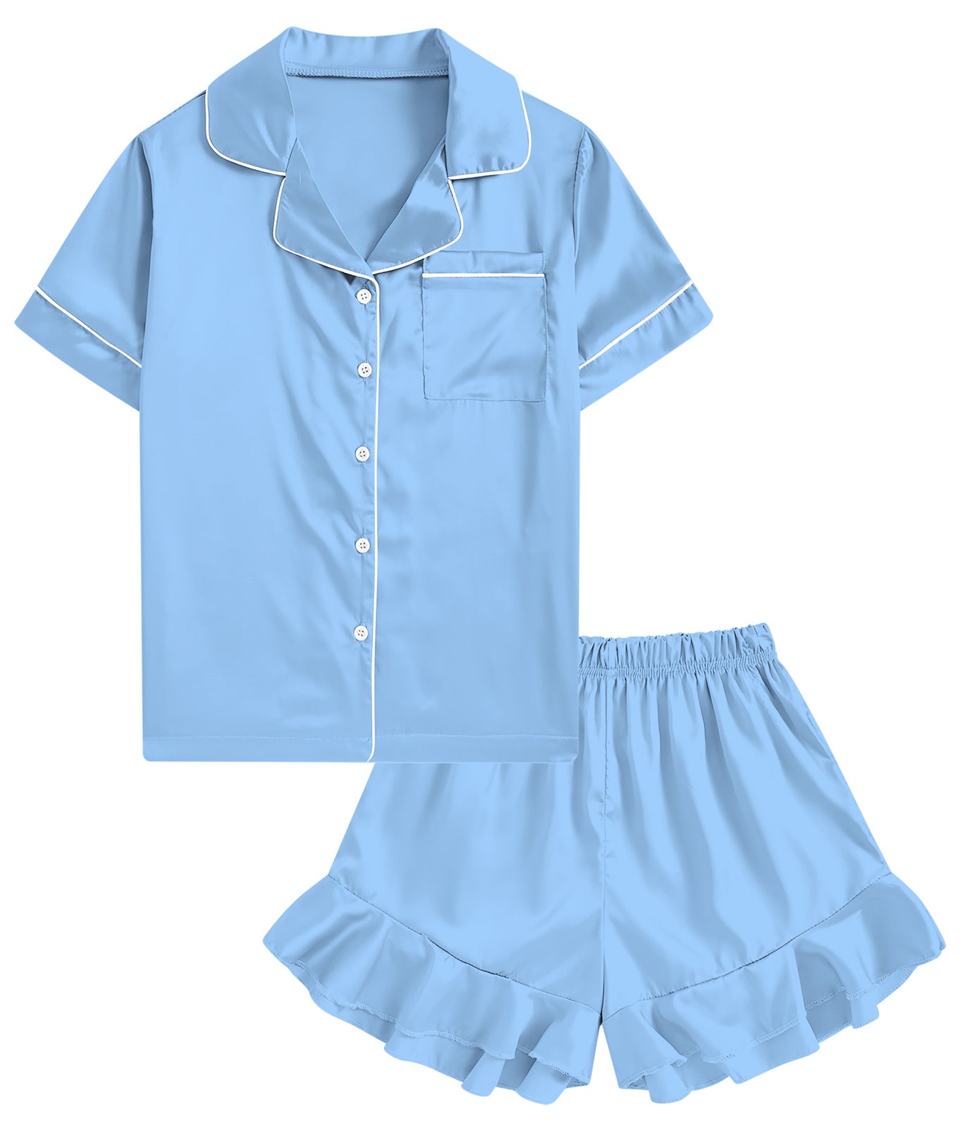 Aideaone Girls Satin Pajama Set Short Sleeve Button Down Silk Sleepwear 2 Piece Summer Loungewear for Child Girl 6-14Y