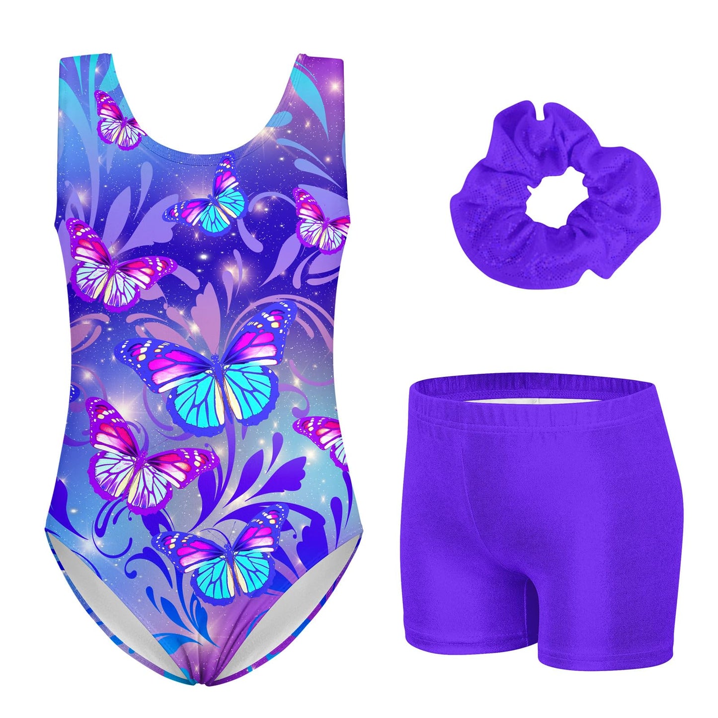 Aideaone Leotards for Girls Gymnastics Sparkly Kids Dance Unitard Biketards with Shorts 4-11Years
