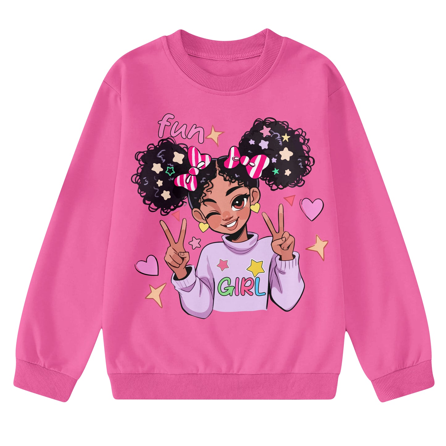Aideaone Girls Sweatshirs Crewneck Cute Cartoon Graphic Pullover Long Sleeve Relaxed Fit Tops Rose Pink 5-14Years