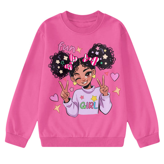 Aideaone Girls Sweatshirs Crewneck Cute Cartoon Graphic Pullover Long Sleeve Relaxed Fit Tops Rose Pink 5-14Years