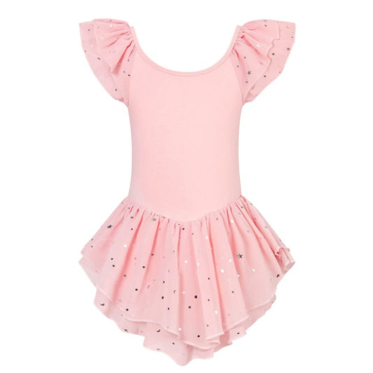 Aideaone Girls Ballet Dance Dress Toddler Leotards Ruffle Sleeve Shiny Ballet Tutu Skirt Pink 2-9T