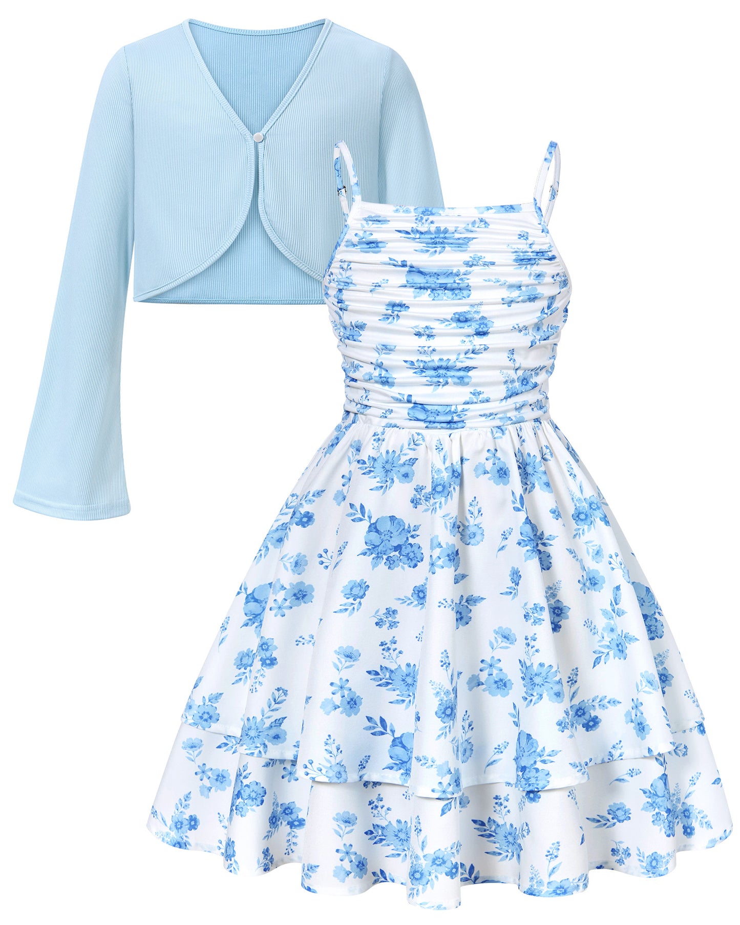 Aideaone Girls Summer Dress with Cardigan Floral Ruched Spaghetti Strap Layered Church Party Dress 7-14Y