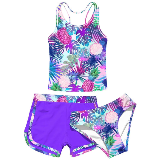 Girls Swimsuit 3 Piece Bathing Suit UPF 50+ Beach Tankini Sets Girls' Racerback Swimwear with Shorts 8-15 Years