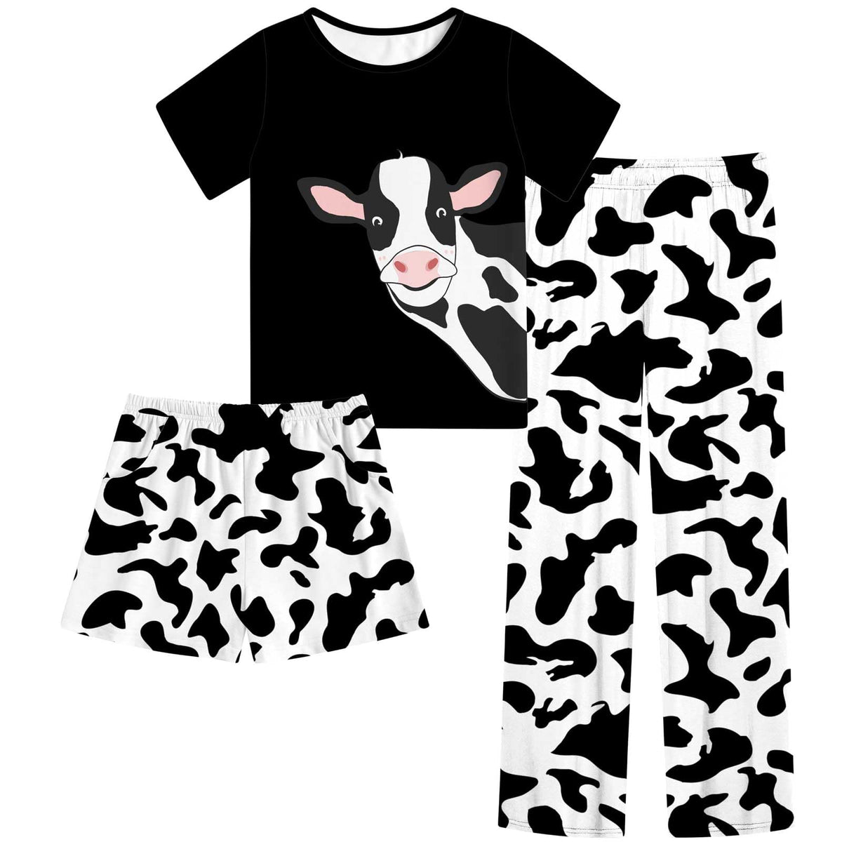 Aideaone Girls Pajamas Sets 3 Piece Short Sleeve Shirt Top Pants Shorts with Pockets Sleepwear 7-14 Years