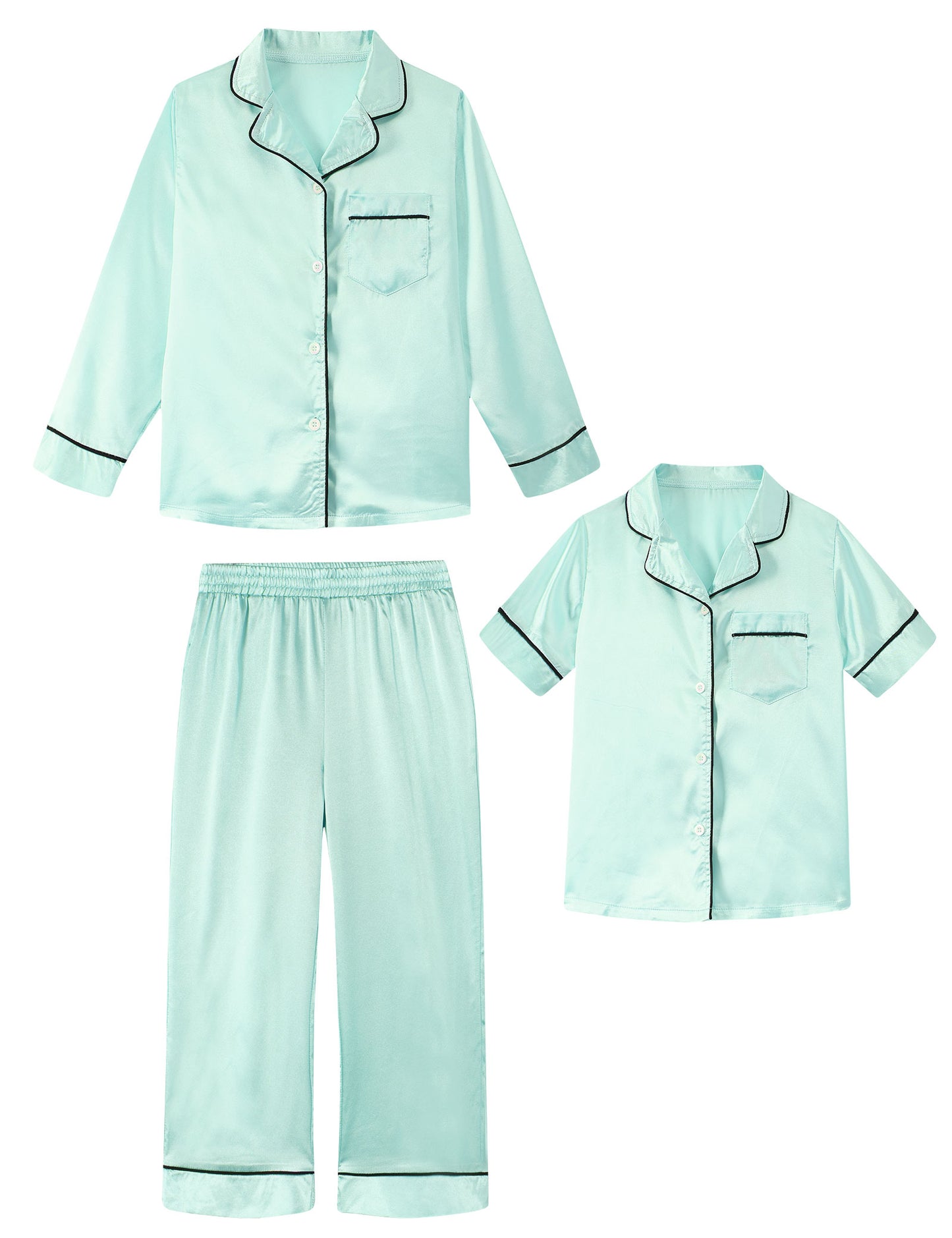 Aideaone Girls Boys Silk Pajamas Kids 3 Piece Satin PJs Set Button-Down Silky Nightwear Children Sleepwear for 5-12 Years